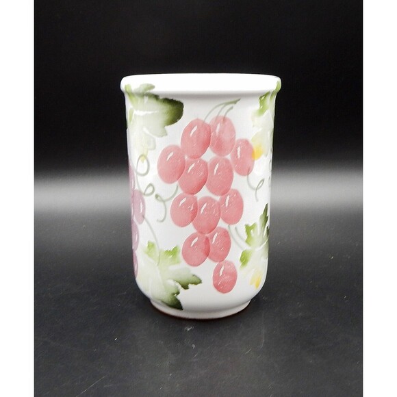 Pier 1 Imports Hand-Painted Grapes Vines Canister Utensil Crock 6 Inch - Picture 3 of 9